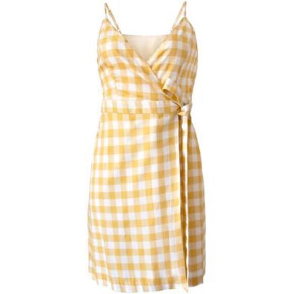 BCBG Yellow and White Gingham Wrap Mini Dress - Picture 1 of 9